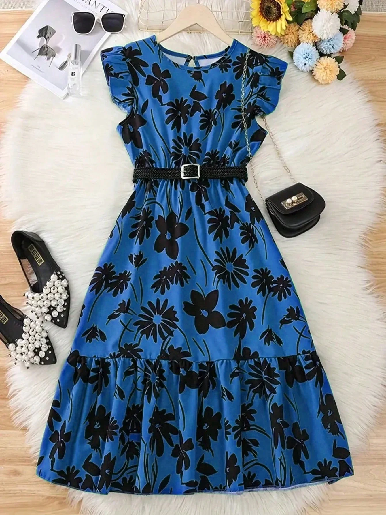 

Синее платье миди с цветочным принтом, поясом и рукавами с рюшами, из полиэстера, повседневное