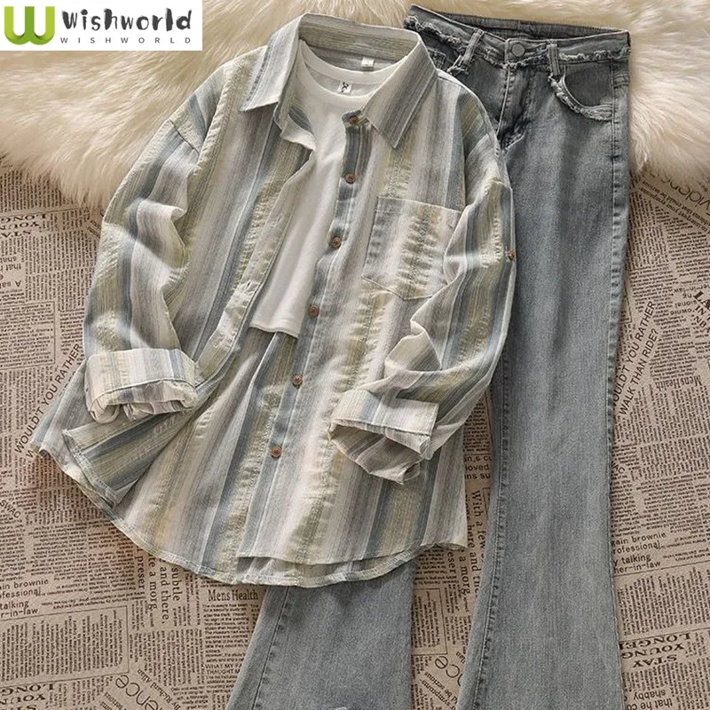 Korean Style Fashionable Suit Lazy Loose Striped Long Sleeved Shirt Jacket Women's Design Sense Fringed Jeans Three Piece Set