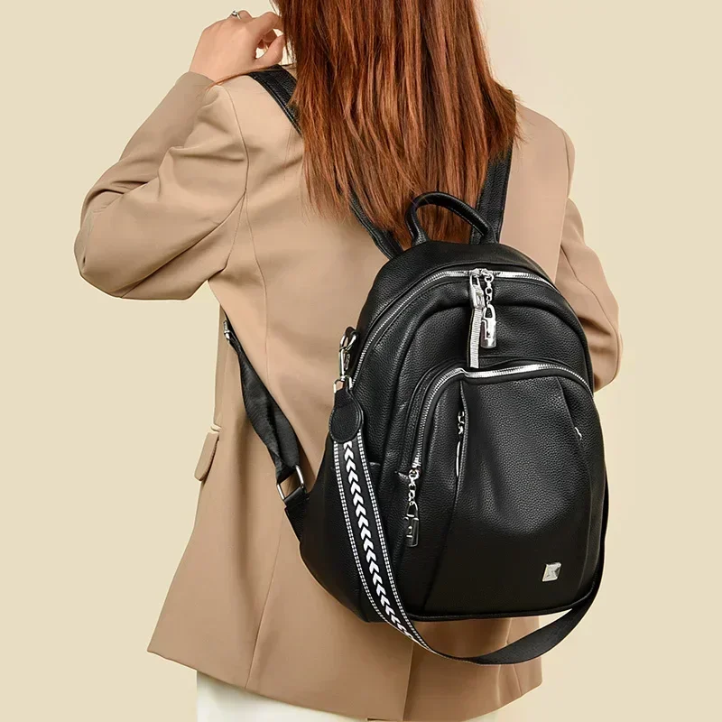 Sac à dos en cuir PU souple avec fermeture éclair pour femme, sac de voyage design, haute qualité, marque de mode, nouveau, 2024