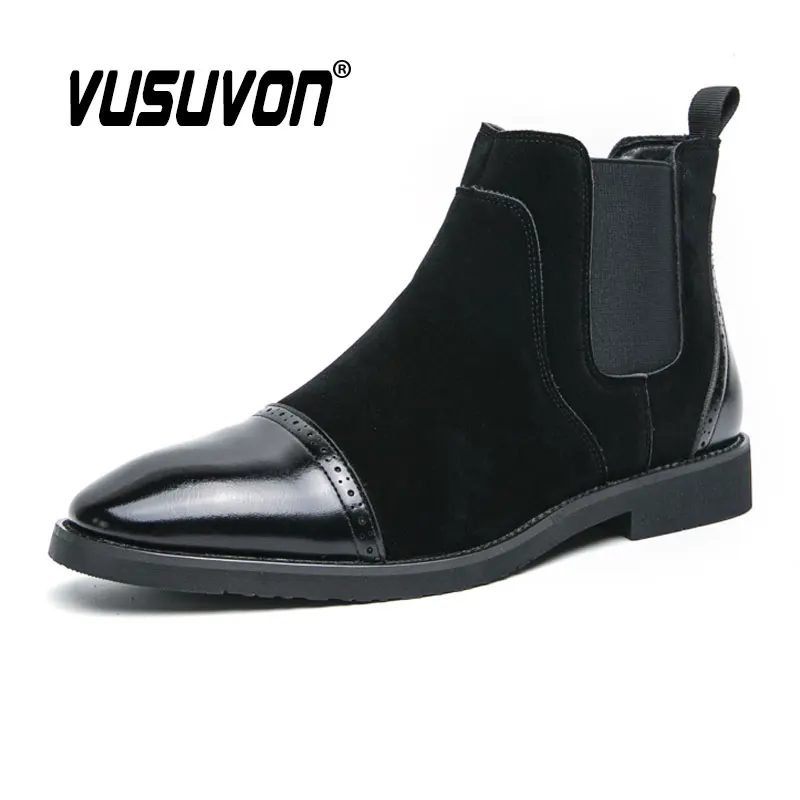 Men Chelsea Boots Winter Split Leather Size 38-46 Slip-On Boys Dress Formal Flat Model Fashion Black Flat Shoes