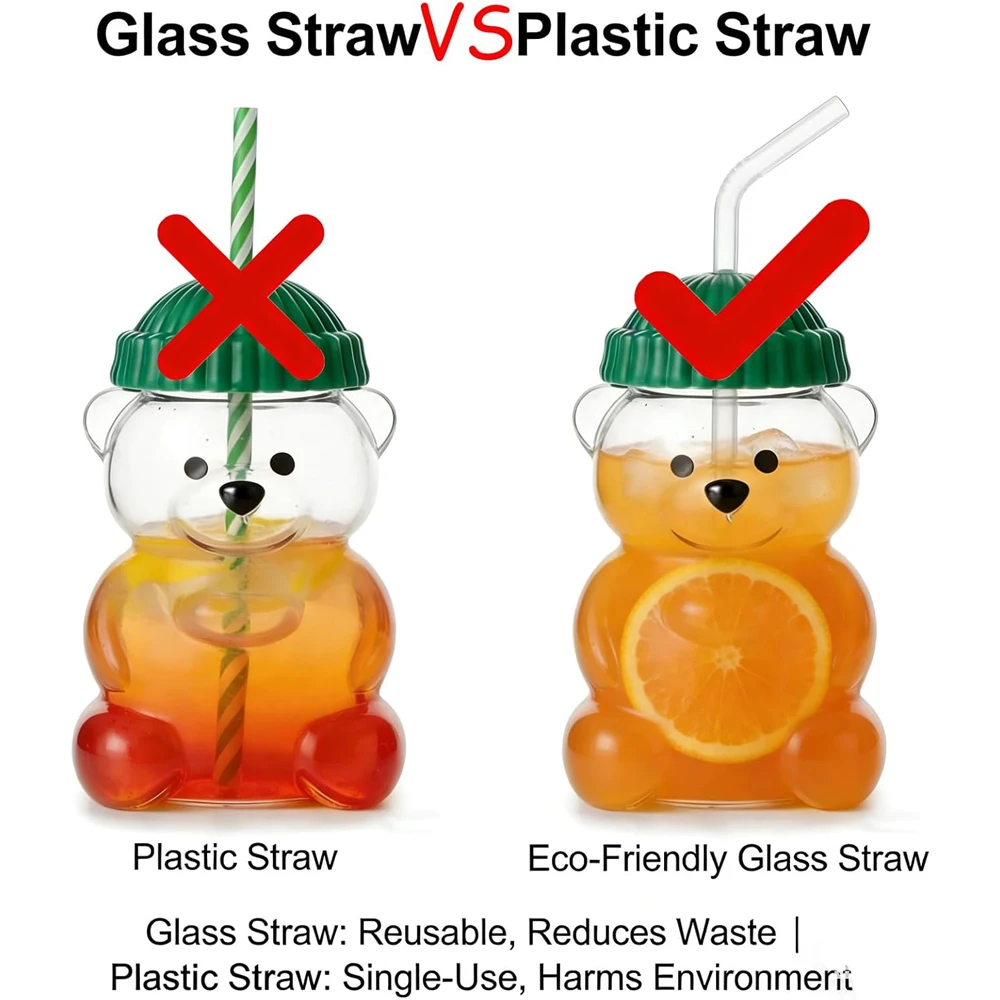 Glass Bear Cup with Straws and Lids, 20oz Bear Mug High Borosilicate Material for All Beverages Couples and Family/Friends