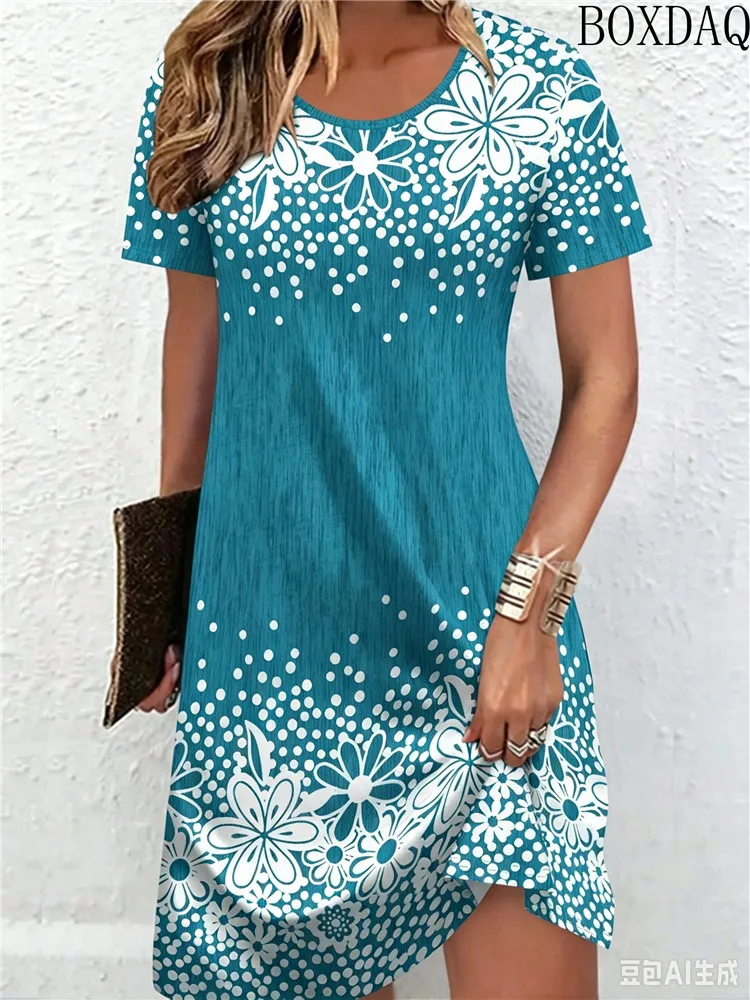Casual Women's Summer Dresses Fashionable Round Neck Short Sleeved Flower Printed Multi-Color Loose Daily Dress