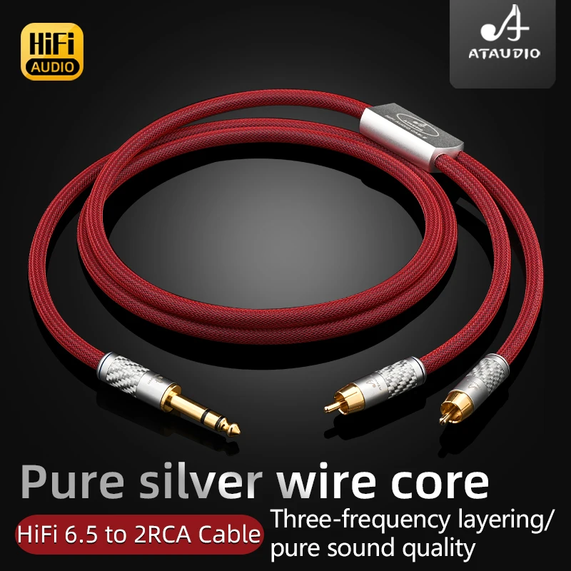 

ATAUDIO 6N Sterling Silver HiFi 6.5 to 2RCA Cable for Mixing Console Power Amplifier Guitar Jack 6.5mm to 2RCA Aduio Cable