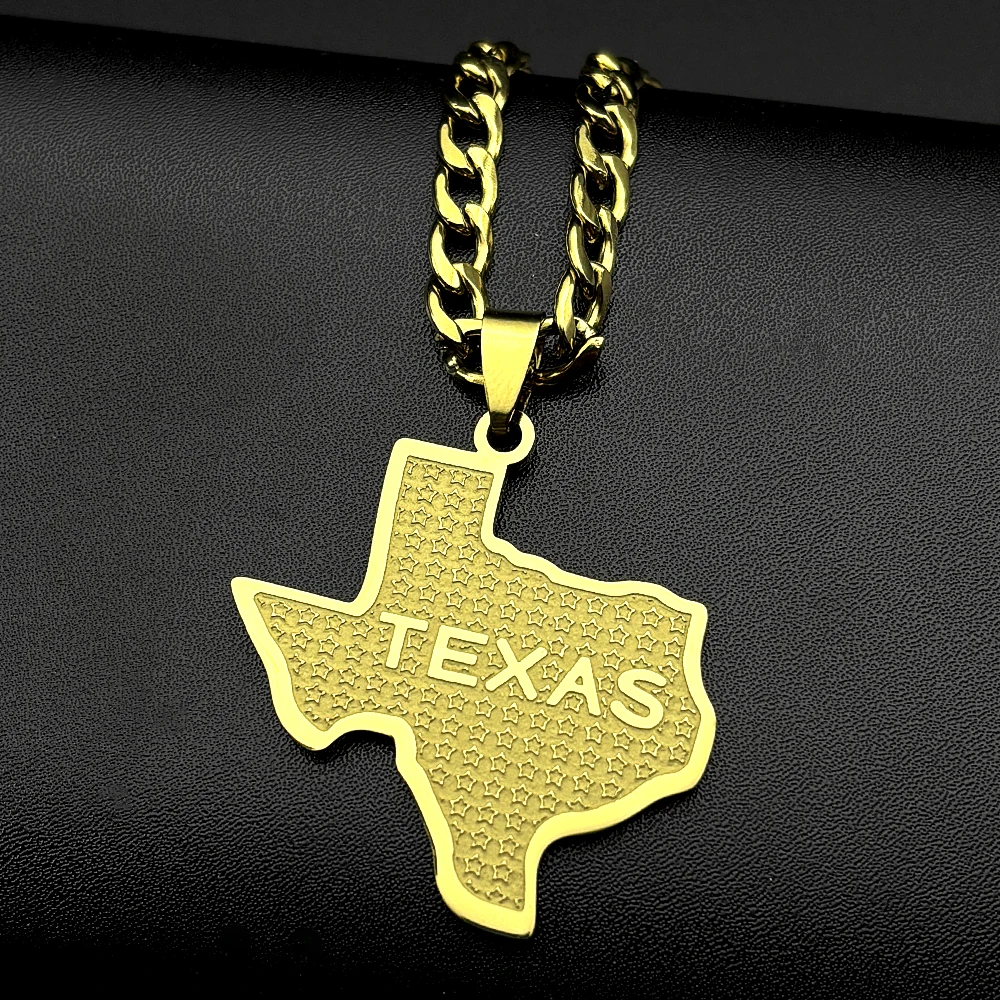 American USA Texas Map Pendant Necklace for Men Women Stainless Steel Gold Color Geometric Stars National Chain Jewelry Gift