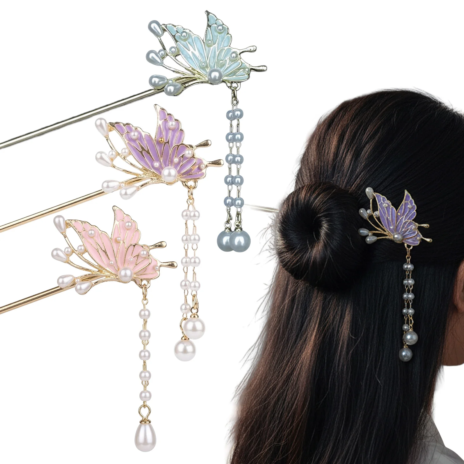 

Neo Chinese Jewelry Hairpin Trendy Butterfly Pearl Tassel Hair Stick Durable Metal Hairpin For Women Girls Hair Accessories 1pc
