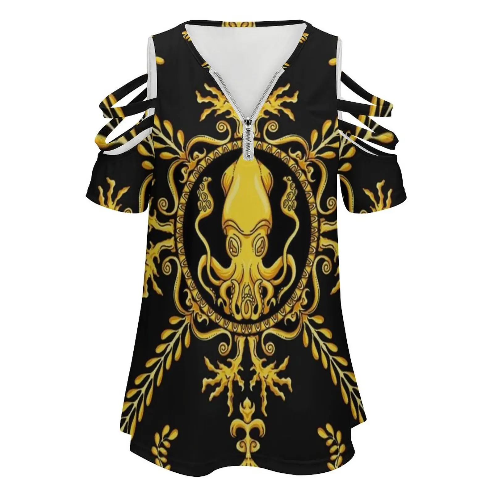 Designer Squid-Black Women'S T-Shirt Summer Fashion Print Floral V-Neck Zipper Tshirt Hollow Pullover Ladies Top