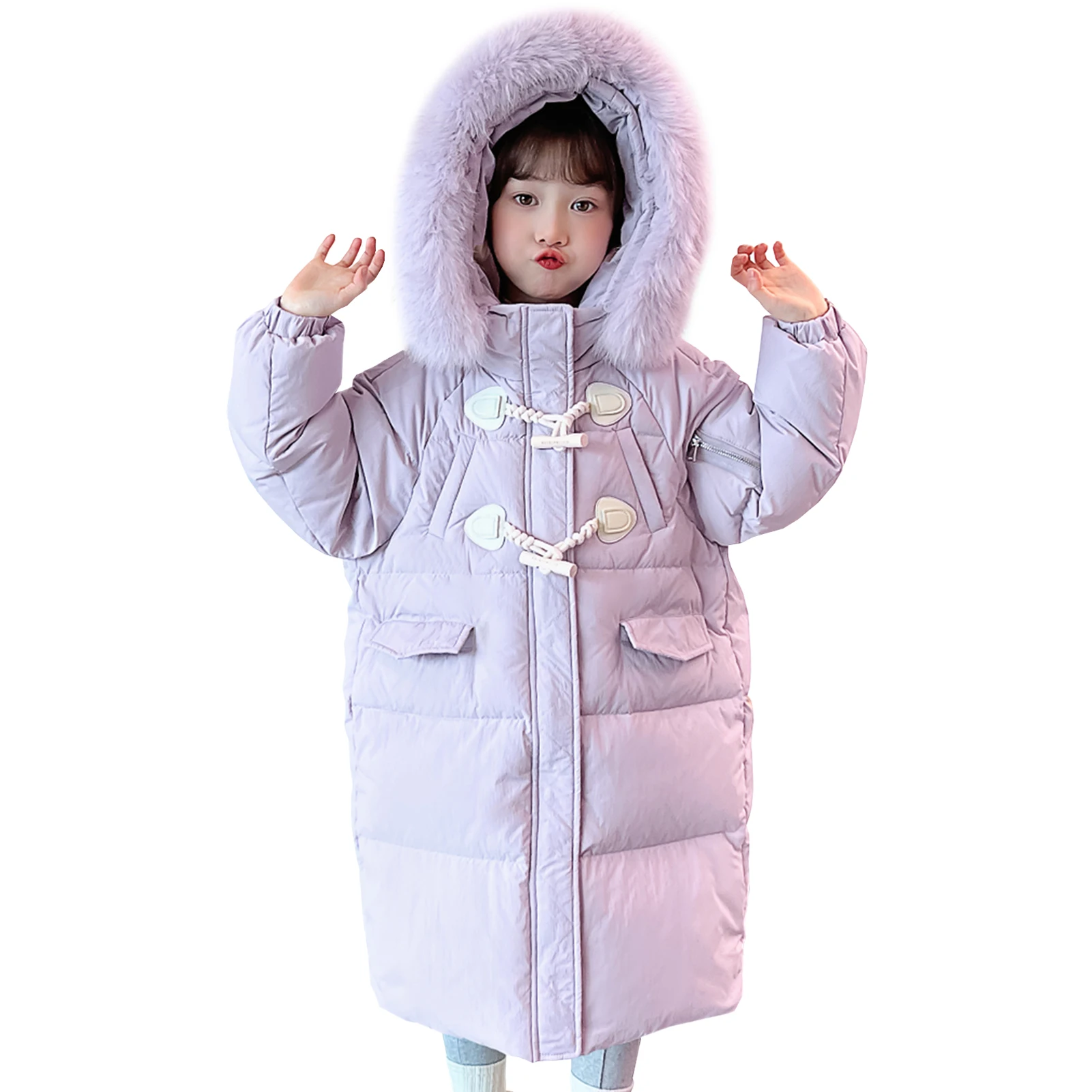 

Girls Winter Coat with Fur Hood Loose Sweet Puffer Jacket Children's Down Cottton Coat Thick Warm Teens Parka Quilted Outerwear