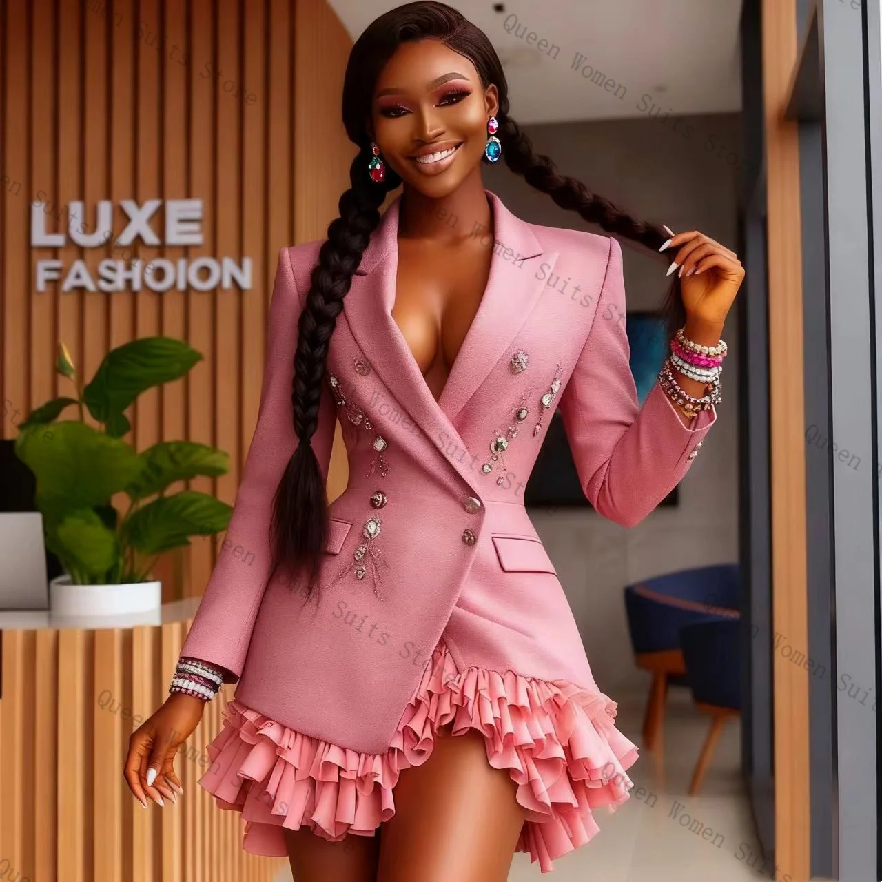 

Розовый женский костюм, юбка, 1 шт., длинный пиджак с оборками по подолу, платье для выпускного вечера, официальная офисная женская куртка, свадебное пальто для выпускного, наряд по индивидуальному заказу