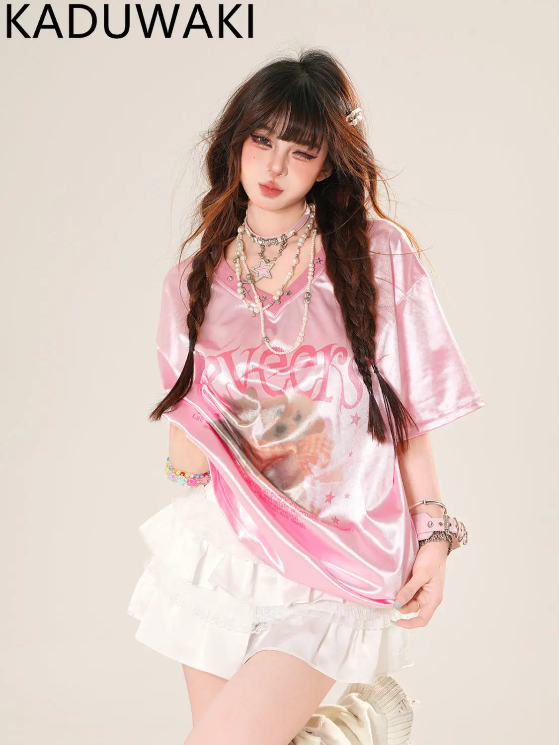 

American Sweet Loose V-neck Short Sleeve Tshirts Women Summer New Casual All-match Tee Fashion Print Y2k Aesthetic Graphic Top