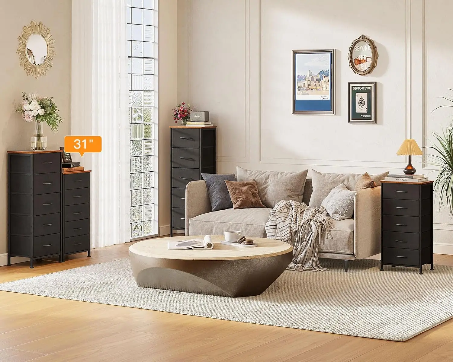 Armário de tecido com gavetas de armazenamento, cômoda, mesa final para sala de estar, quarto, 5 Tall, 31"