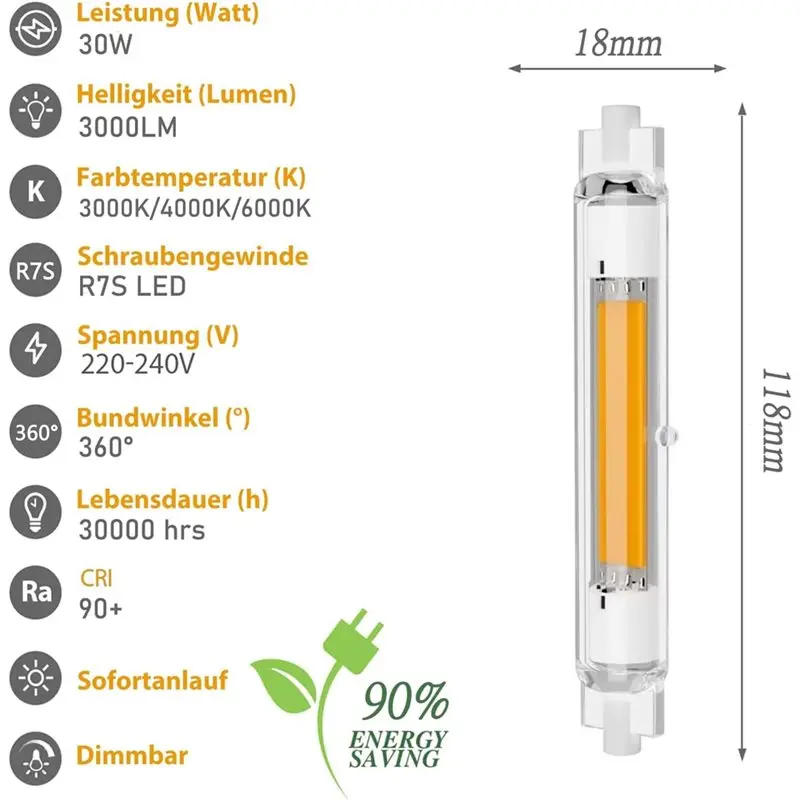ABRW-Replacement R7S LED Dimmable Bulbs 2Pack 118 Mm, 30 W R7S LED For J118 Mm, Warm White 3000 K 3000LM