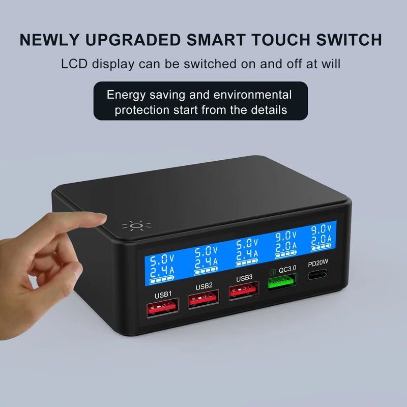 AIXXCO USB Quick Charger 50W 5-Port LED Display Quick Charge 3.0 Fast Charger Desktop Charging Station iPhone X 8 7 6, iPad