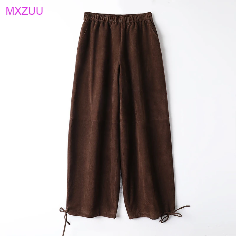 Real Leather Pants Spring New Arrivals Women Sheepskin Suede Elastic Waist Trousers Drawstring Retro Bloomers Slim Casual Pants