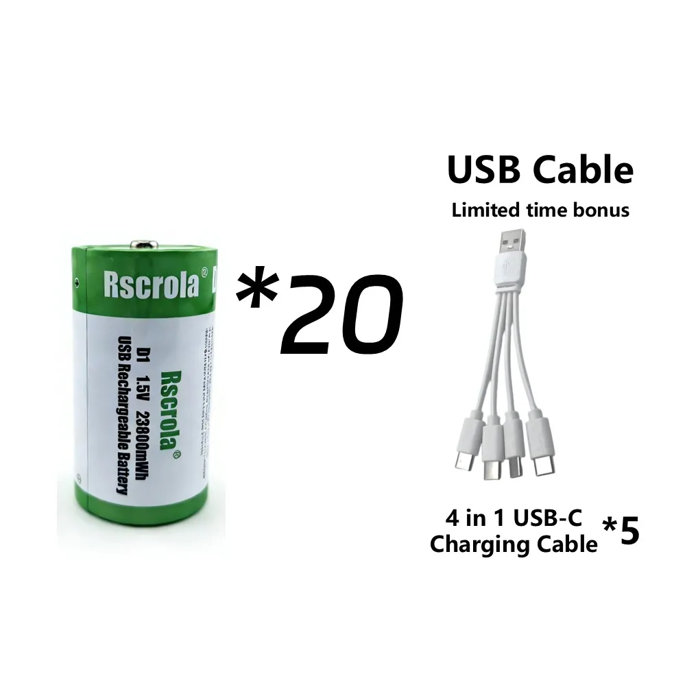 1.5V 23800mWh D-cel batterijen Oplaadbare D-batterijen met oplaadkabel voor gasfornuis, waterverwarmer, zaklamp, radio, gereedschap, speelgoed