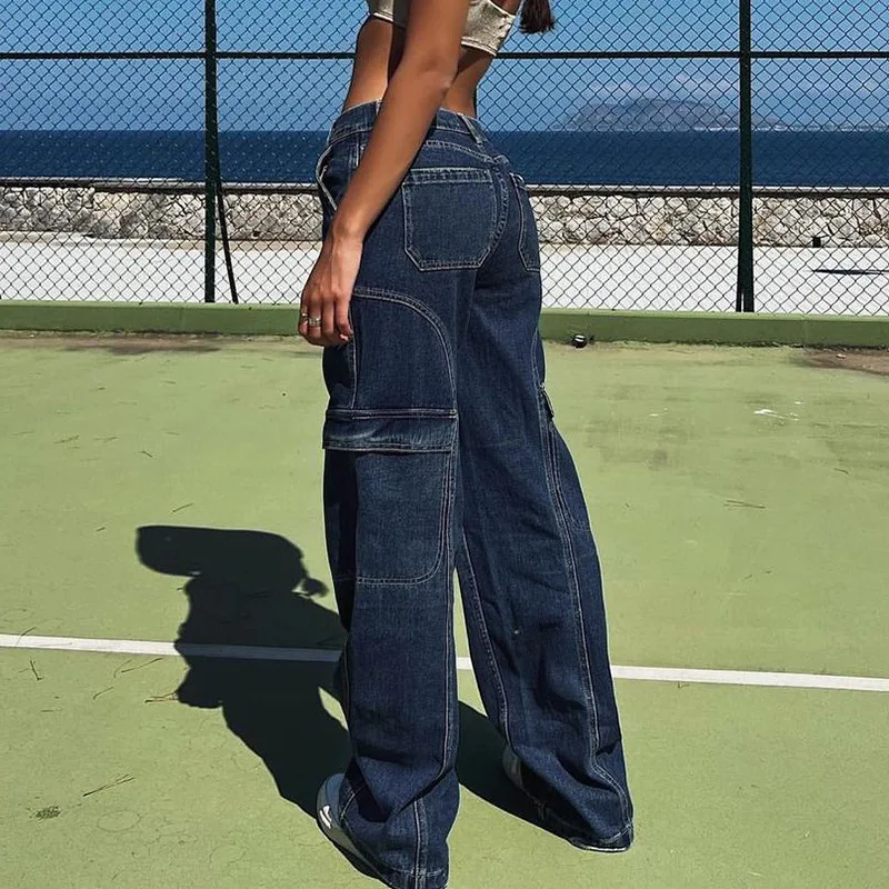 Women's Jeansins American Street Personality Retro Denim Overalls Design Sense Split Pocket Loose Straight Casual Pants Women's