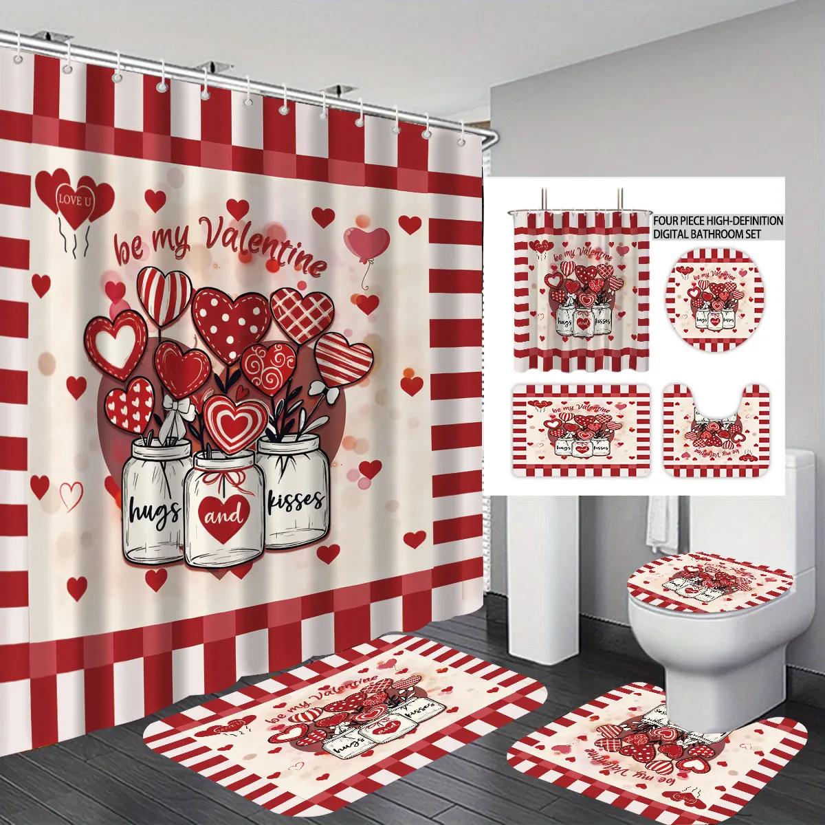 

4pcs Valentine's Day Romantic Red Love Printed Bathroom Set Waterproof Shower Curtain Floor Mat Toilet Mat U-shaped Mat