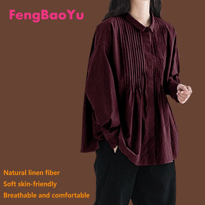 Fengbaoyu Flax Spring Autumn Lady Long-sleeved Organ Pleated Lapel Casual Large-size Fat Girl Weight 100KG 5XL Woman's Clothes