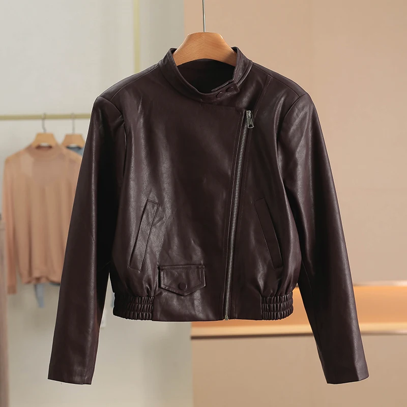 

Hange PU Jacket Spring 2026 Women's Fashion Cool Style Zipper Closure Stand Collar Elastic Hem Brand Button Short Coat