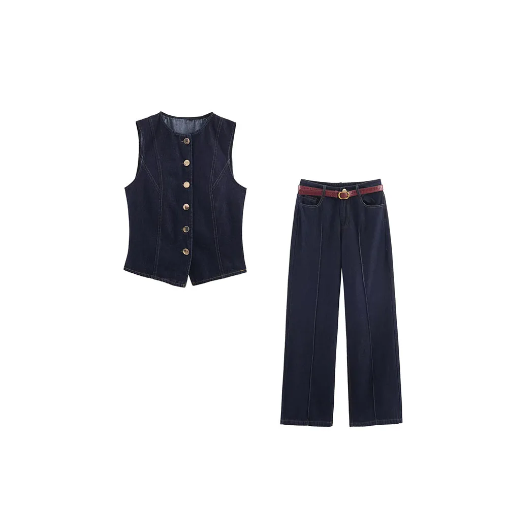 

Осенний новый женский джинсовый топ без рукавов с круглым вырезом и пуговицами, широкие джинсы с высокой талией и поясом на талии