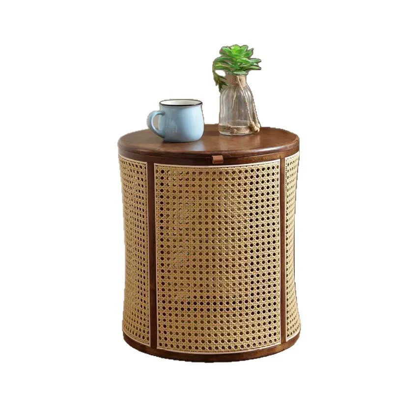 Solid Wood Rattan Coffee Table Detachable Sofa Side Table Bed Side Storage Locker Balcony Round Corner Table Laundry Basket