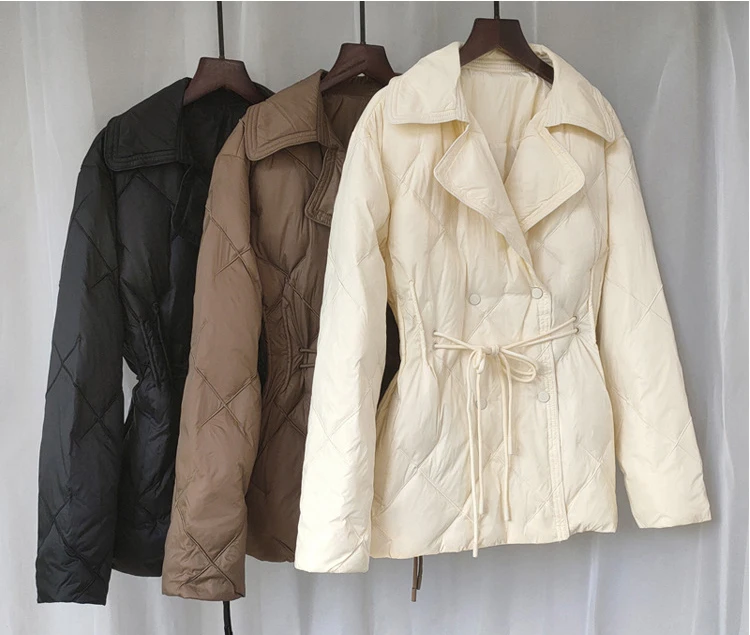 Schinteon Women White Duck Down Double Breasted Jacket Argyle Autumn Winter Outwear Office Lady Turn-down Collar Slim Coat 2026