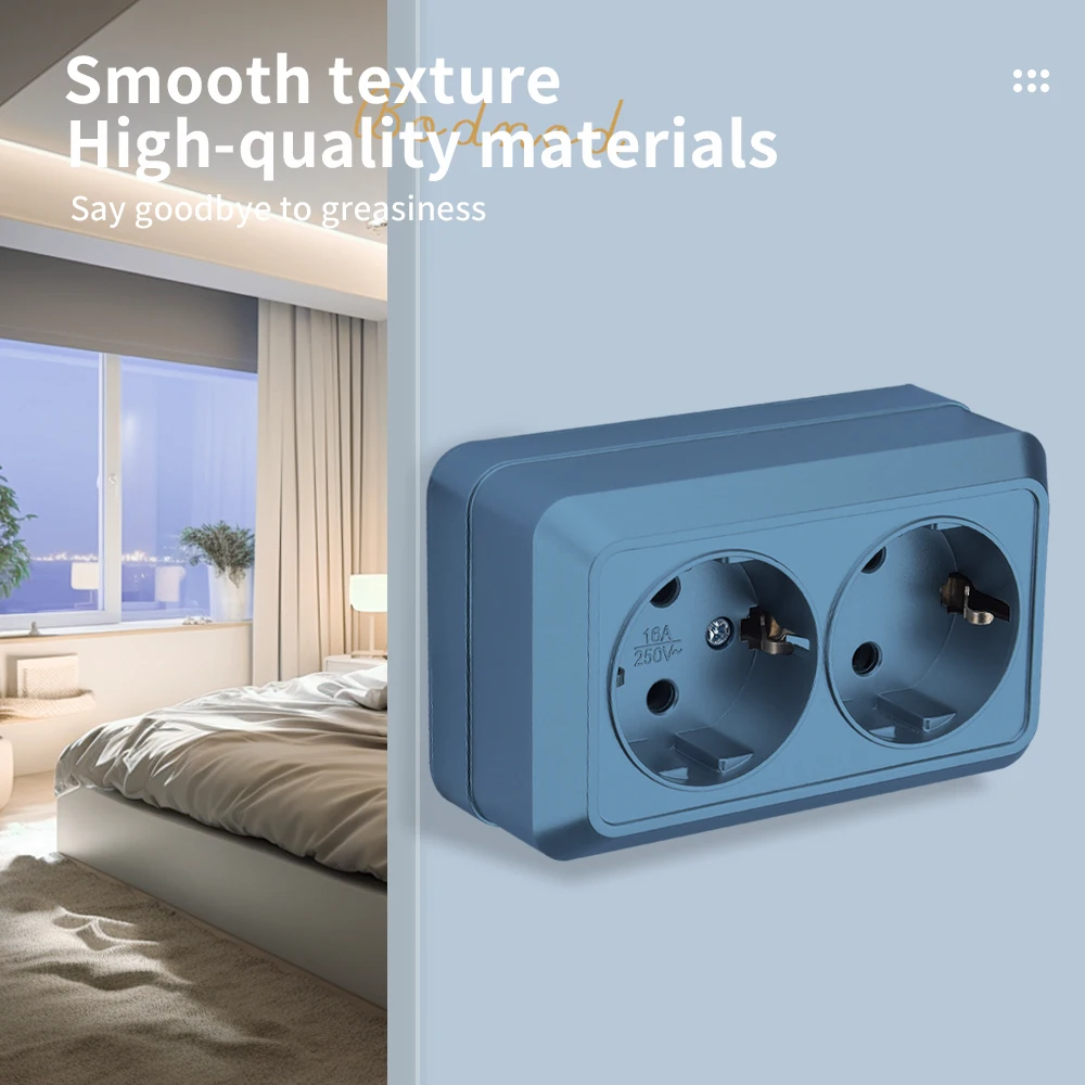 WESA Blue Wall Surface 2 Socket Plug EU Exterior Electrical Outlets With Ground Power Socket Flame Retardant Paint Plastic