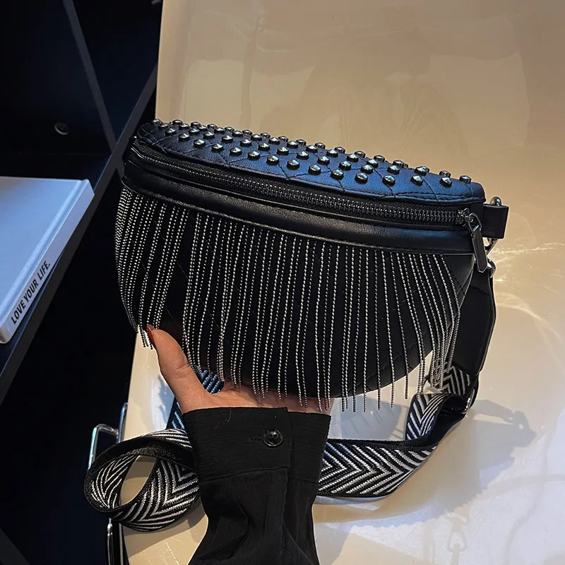 

Women Tassel Fashion Chest Bag Willow Nail Decorative Design Crossbody Bag PU Leather New Trendy Fashion Versatile Waist Bag