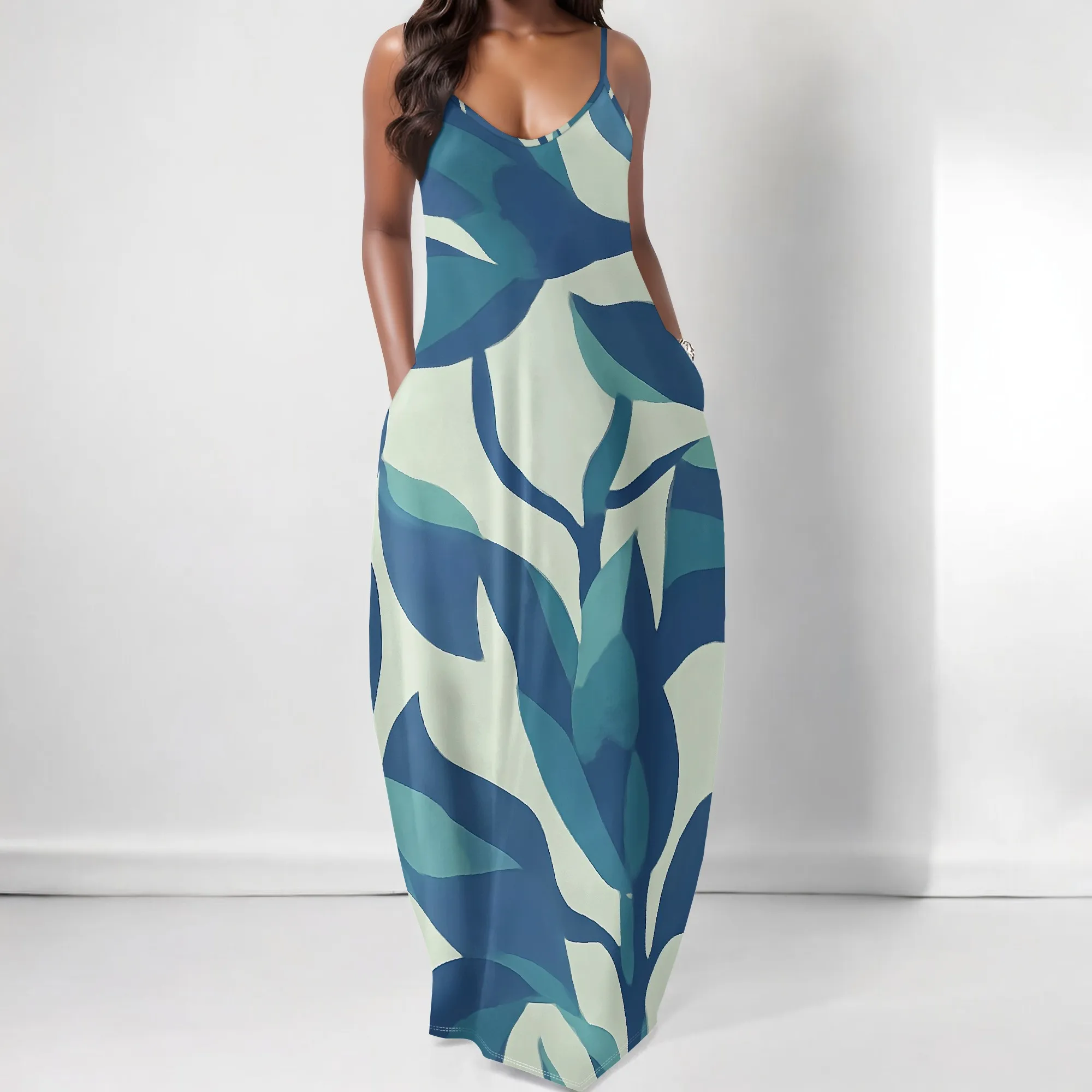 

Women's Tropical Leaf Print Maxi Slip Dress XS-3XL - Casual Spaghetti Strap Vacation Sundress with Pockets - Beach & Resort Wear