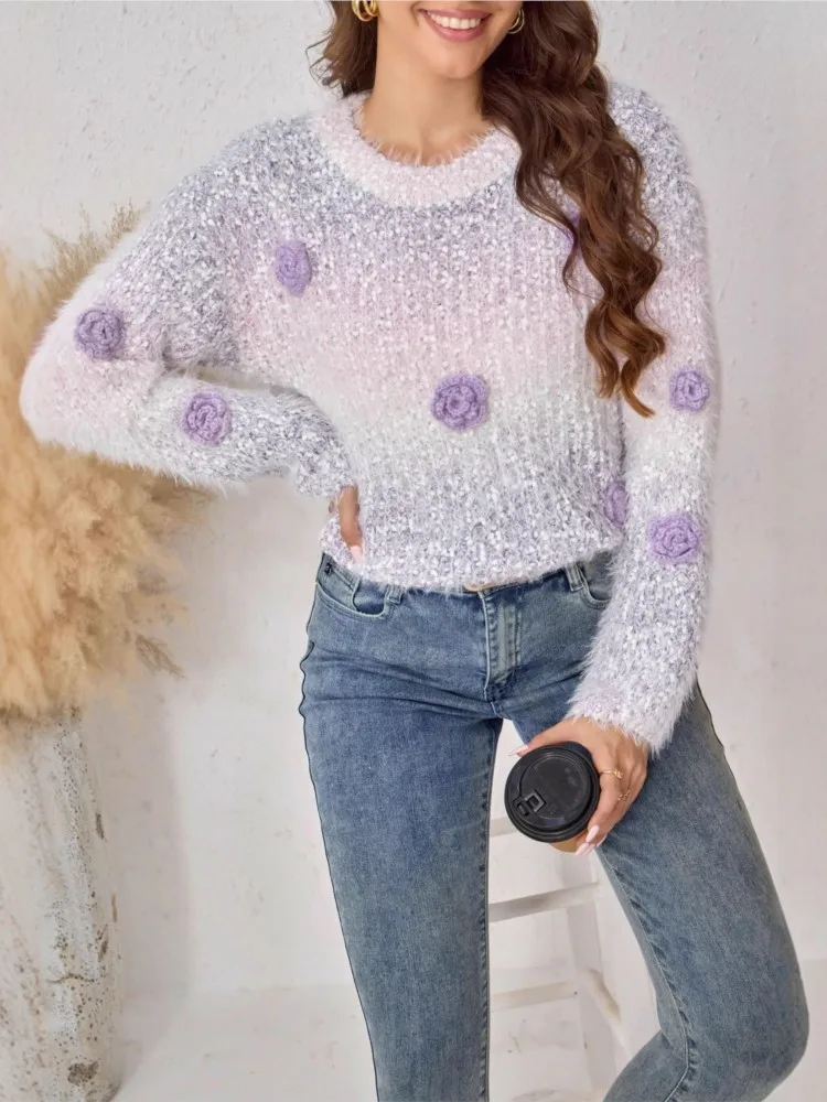 

Осень-зима, свободный свитер с круглым вырезом и цветочным градиентом, милый и элегантный пуловер, вязаный новый женский модный элегантный повседневный свитер