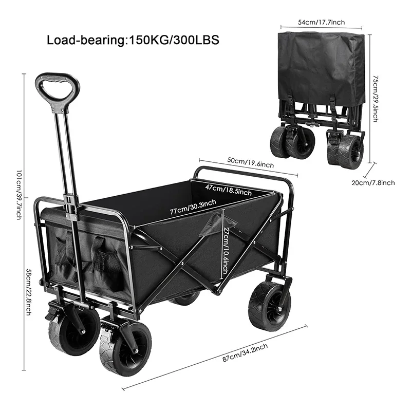 Folding Utility Wagons Carts Large Capacity Beach Wagon with All-Terrain Big Wheels Outdoor Camping Shopping