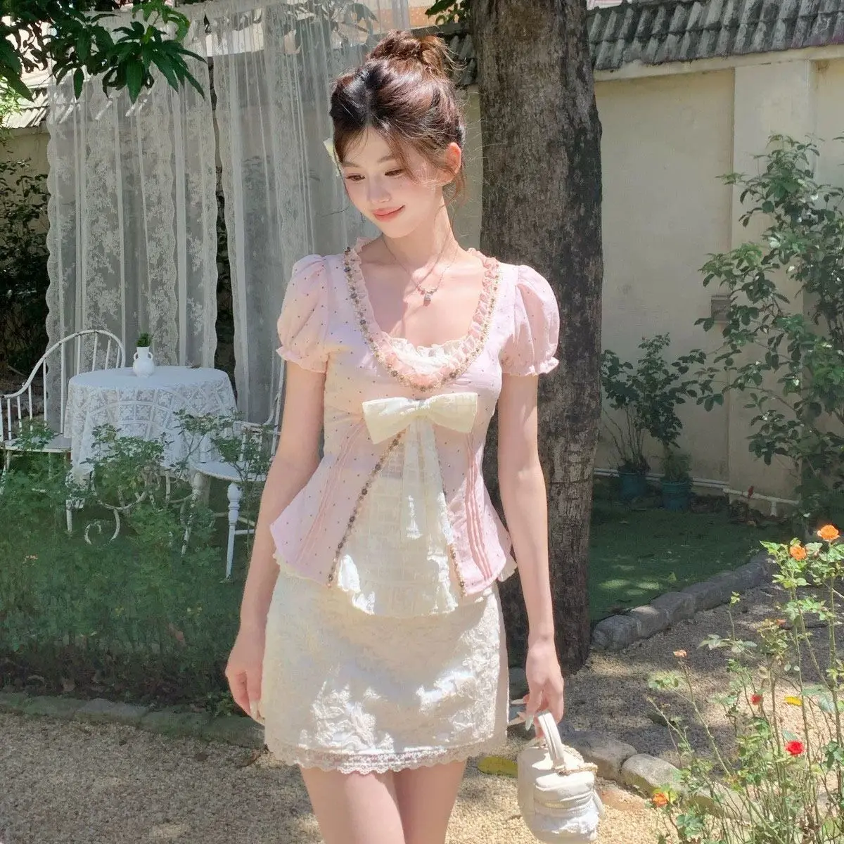 Coquette Sweet 2 Piece Set Women Polka Dot Puff Sleeve Bow Crop Top + High Waist Lace Mini Skirt Slim Fit Date Night Outfit 2026 - view 4
