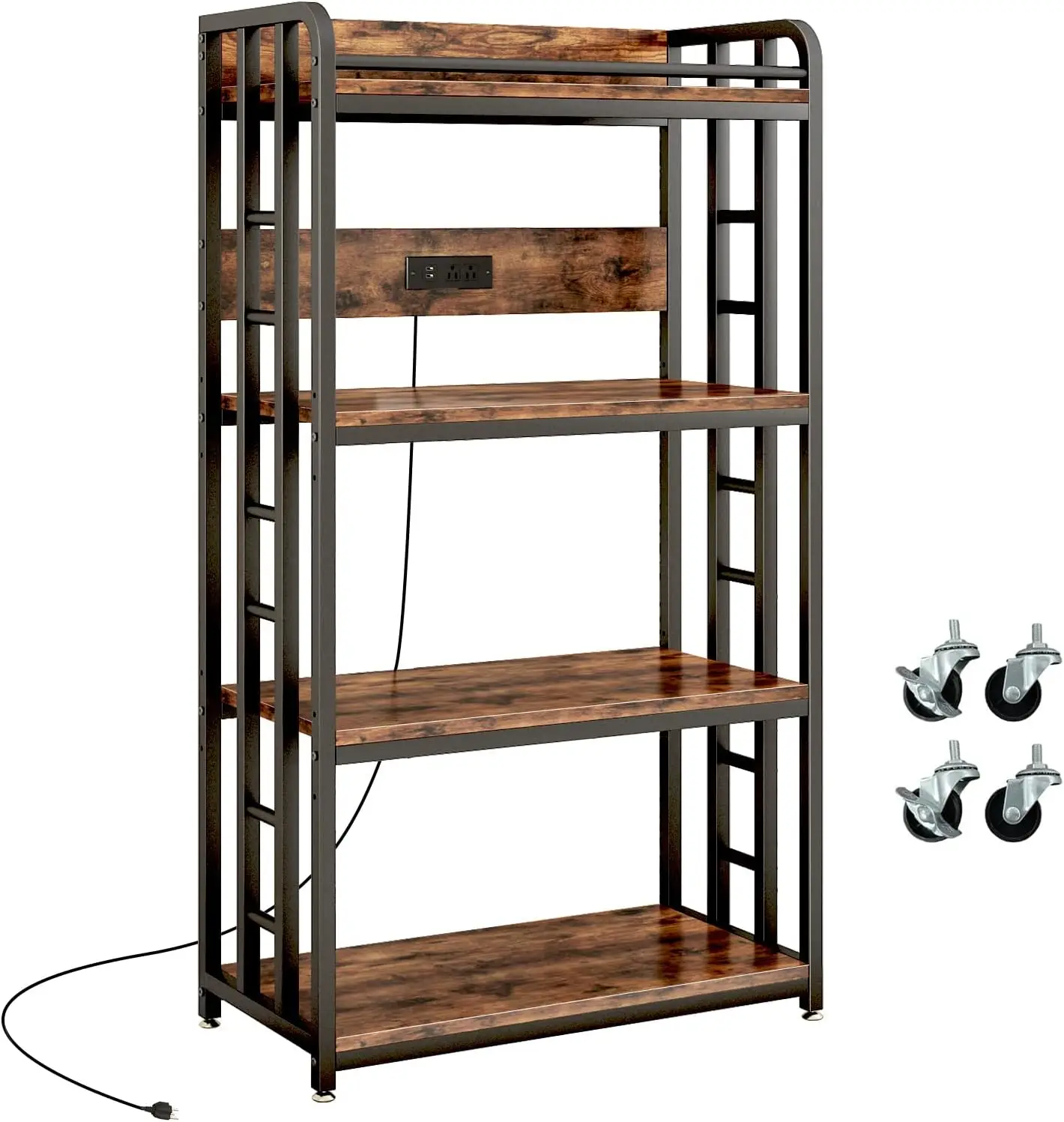 4Tier Kitchen Bakers Rack Microwave Stand Storage Power Outlet USB Charging Ports Rolling Cart Lockable Wheels Adjustable Shelve
