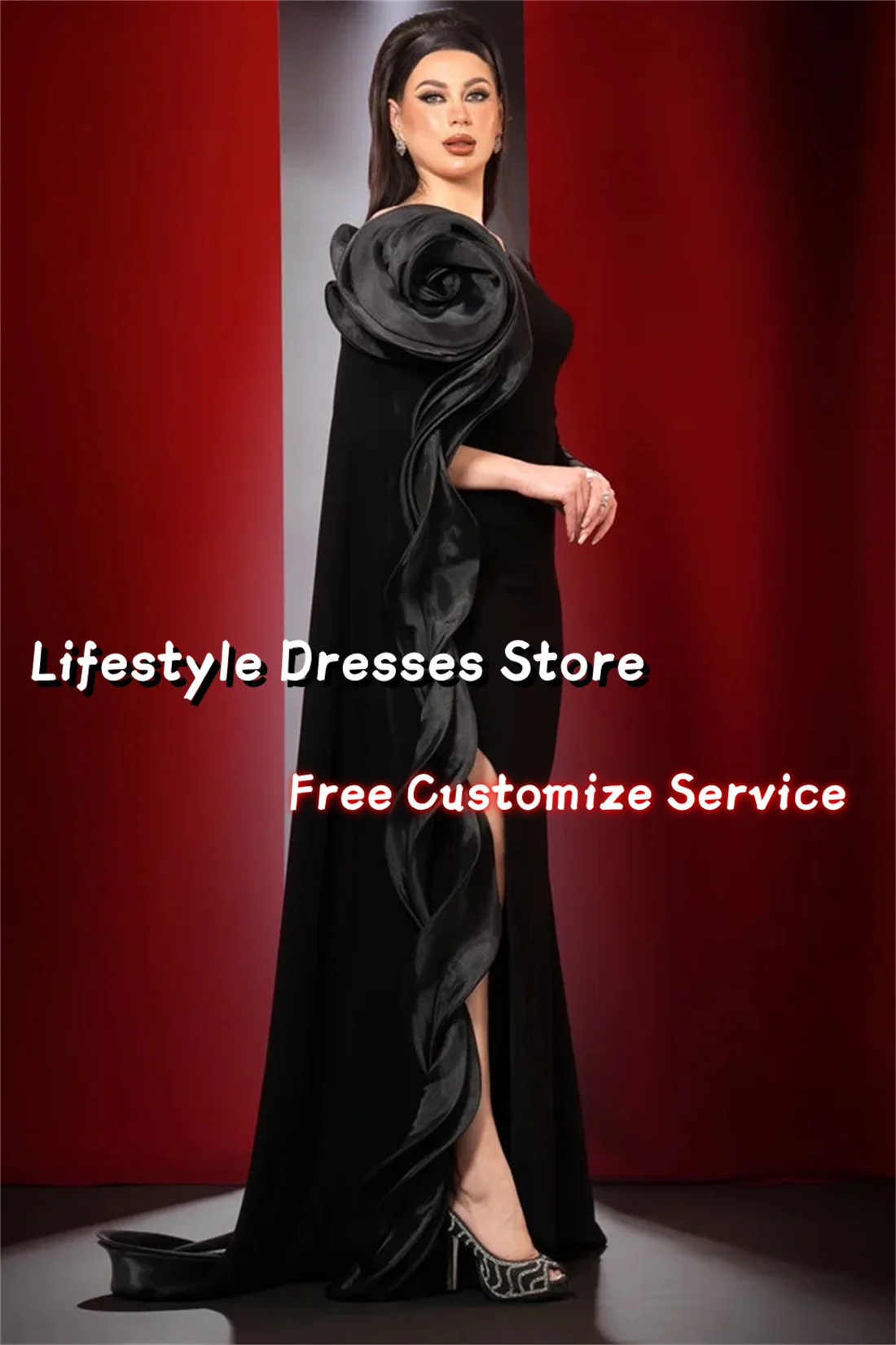 Customized Crepe Long Sleeve Cape Prom Dresses Side Slit Saudi Elegant Flower Evening Dresses Party Gown Formal Occasion Dress