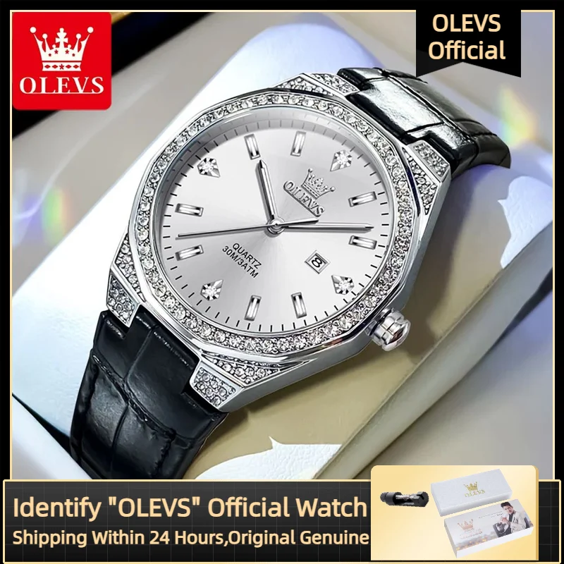 

Часы OLEVS для молодых девушек, полный ромбовидный дизайн, удобный кожаный ремешок, водонепроницаемые женские часы из нержавеющей стали с датой, Reloj