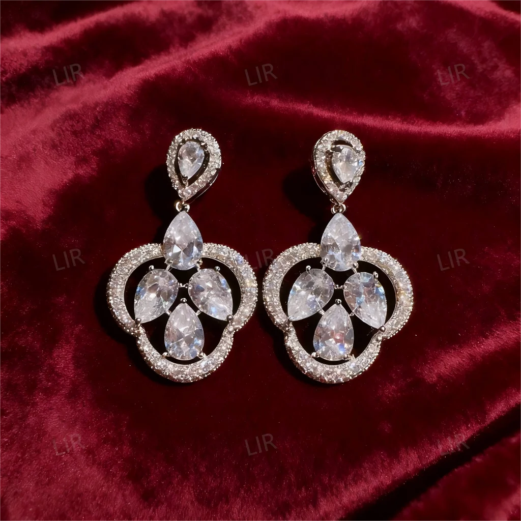 LIR Women's Custom Jewelry Set: Italian Vintage Court Petal Crown Gem Necklace, Sparkly Teardrop Wheat Zircon Earrings