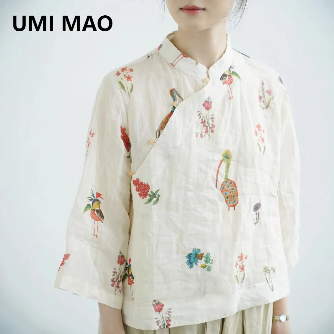 

UMI MAO Tea Room New Chinese Style Top Stand Collar Ramie Blouse Trend Wide Sleeve Digital Print Sunshade Shirt