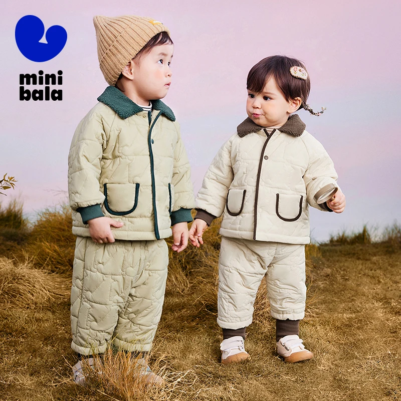 

Mini Balabala Cotton Set Boys and Girls 2025 Winter Warm Long Sleeve Baby Outfit with Collar for Indoor and Outdoor Wear