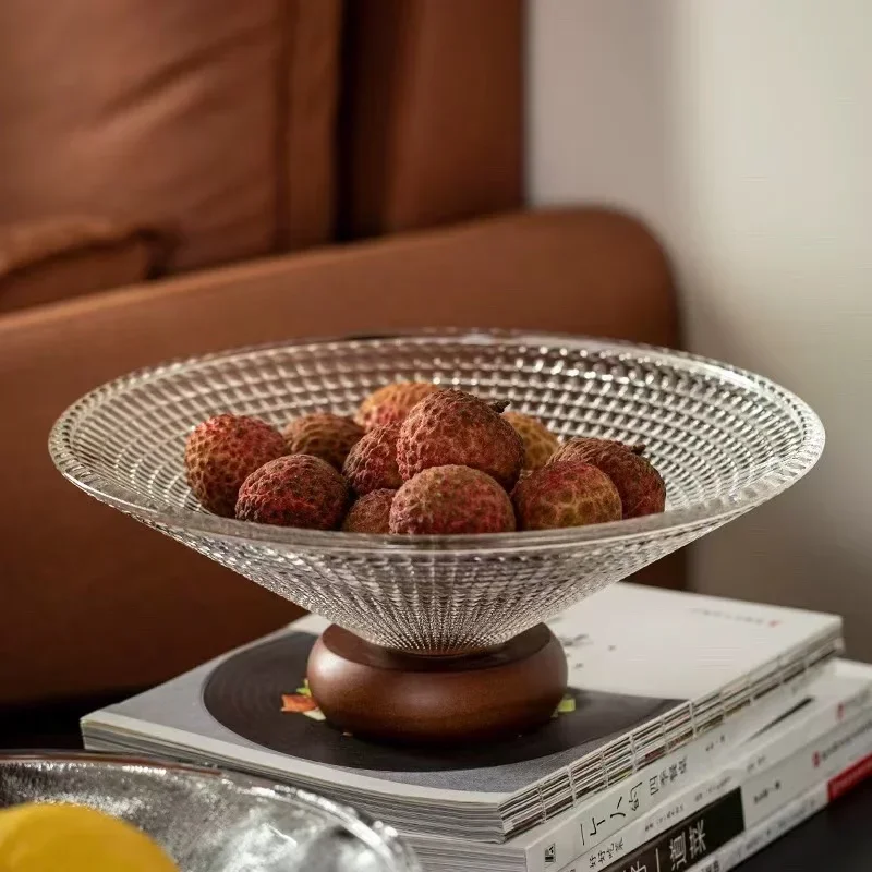 High-grade Glass Wooden Bottom Fruit Bowl Luxury Living Room Household High-value Coffee Table Front Desk Snacks Candy Fruitbowl