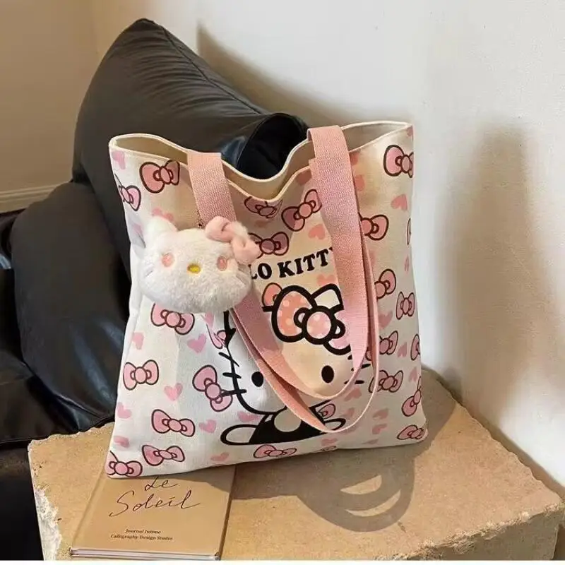 Sanrios Hello Kittys New Cartoon Tote Bag Cute Versatile Large Capacity Book Loading Student Book Loading Commuting Canvas Bag
