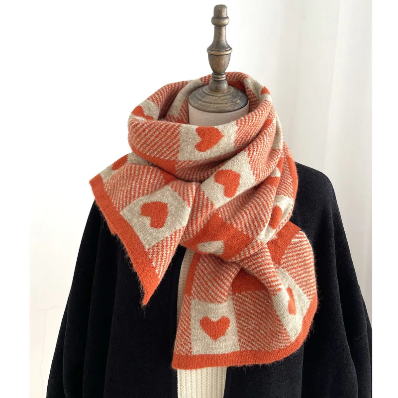 Knitted Scarf Love Heart Scarf Black White Plaid Scarf Thickened Warm Winter Women\'s Scarves Christmas New Year Gifts