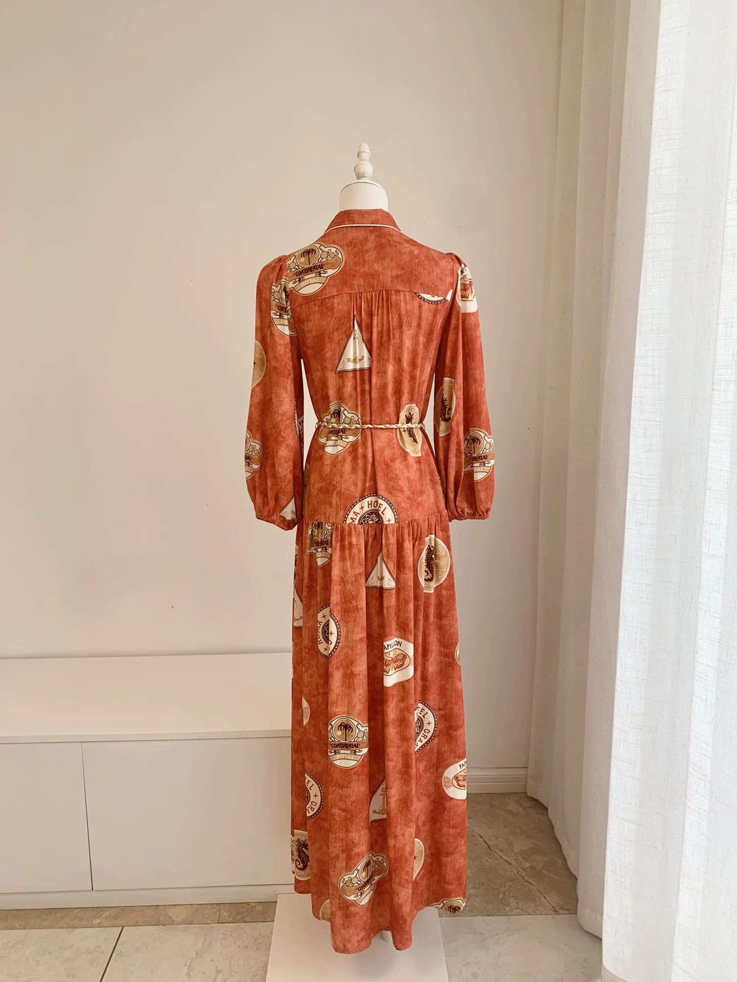 Women Retro Printed Shirt Robe Autumn Turn-down Collar Long Sleeve Single Breasted Casual Loose Maxi Dress