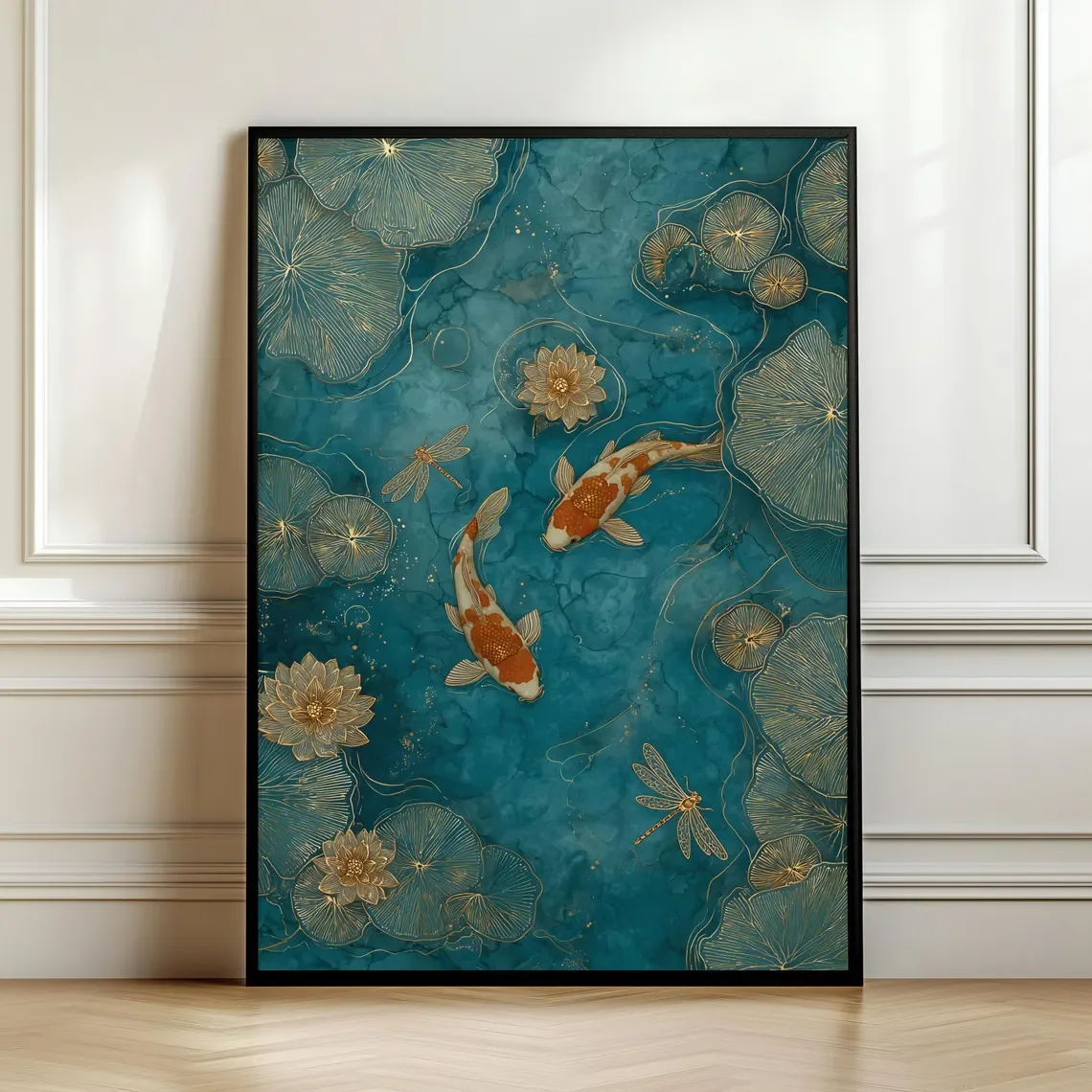 Elegant Koi Fish Wall Art – Emerald Green Pond Decor, Asian Zen Painting, Gold Lotus, Dragonflies, Serene Japanese Print, Dig