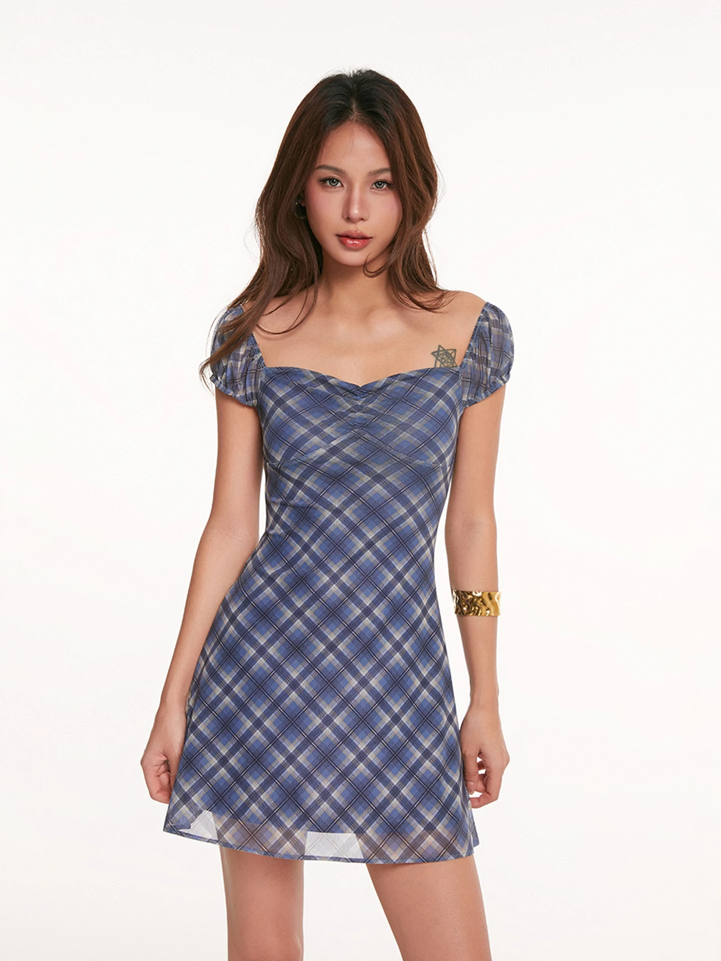 

DiscoGlam Sexy Square Collar Bubble Sve Plaid Tulle Dr Women's Retro ort Sve Slim Fit A-Line Midi Dr