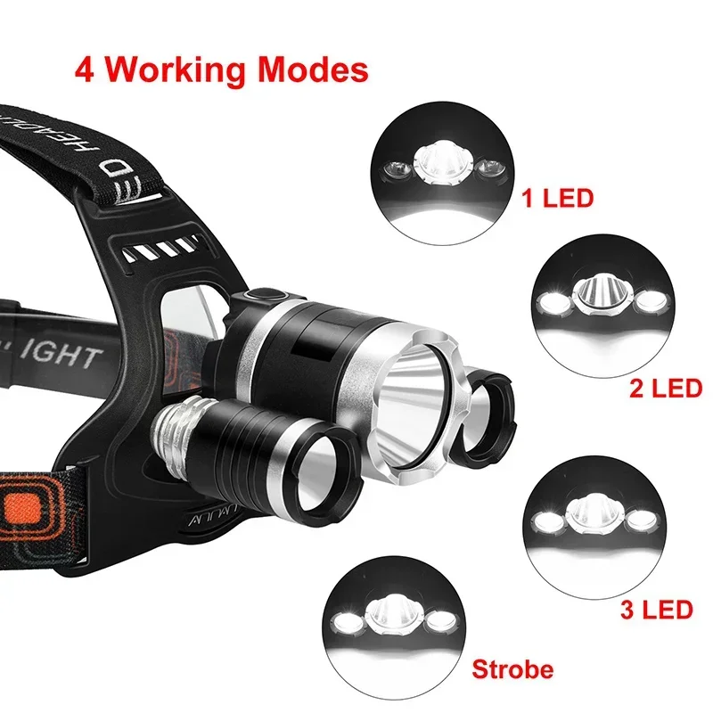 Linterna frontal LED T6 superbrillante, recargable por USB, con zoom, portátil, para exteriores, pesca, Camping