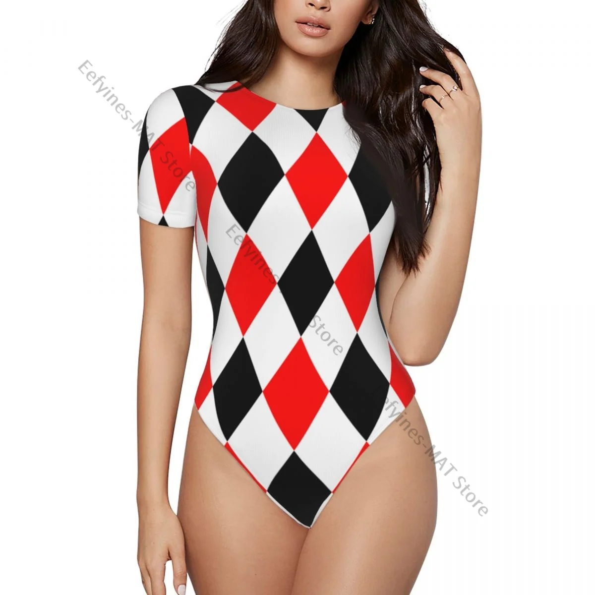 Mono Sexy de manga corta para mujer, ropa ajustada, patrón de rombos, rojo, negro y blanco