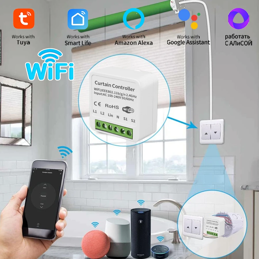 

Модуль умного переключателя штор Wi-Fi Tuya Smart Life Alexa Google, рулонные шторы, прожектор для гаражных ворот, AC 100-240 В