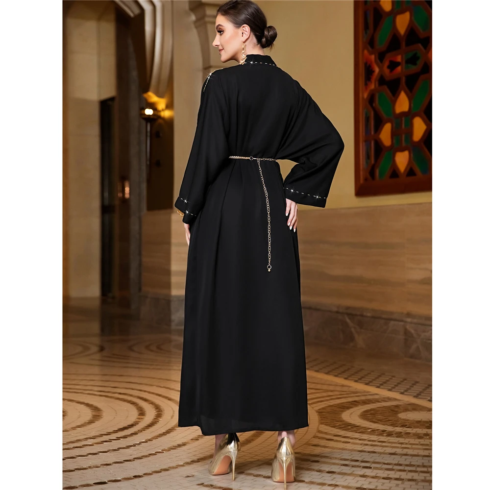 Imagem -03 - Abayas Abertas para Mulheres Beading Costurado à Mão Cetim Muçulmano Cardigan Luxo Vestido Quimono Turquia Eid Party Robe Marroquino Cinto Kaftan Ramadan