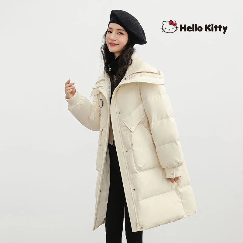 Kurtka puchowa Hello Kitty z białego puchu kaczego, damska, zimowa, gruba, ciepła, długa, płaszcz typu puffer, modna parka damska, słodki płaszcz wierzchni, prezent.