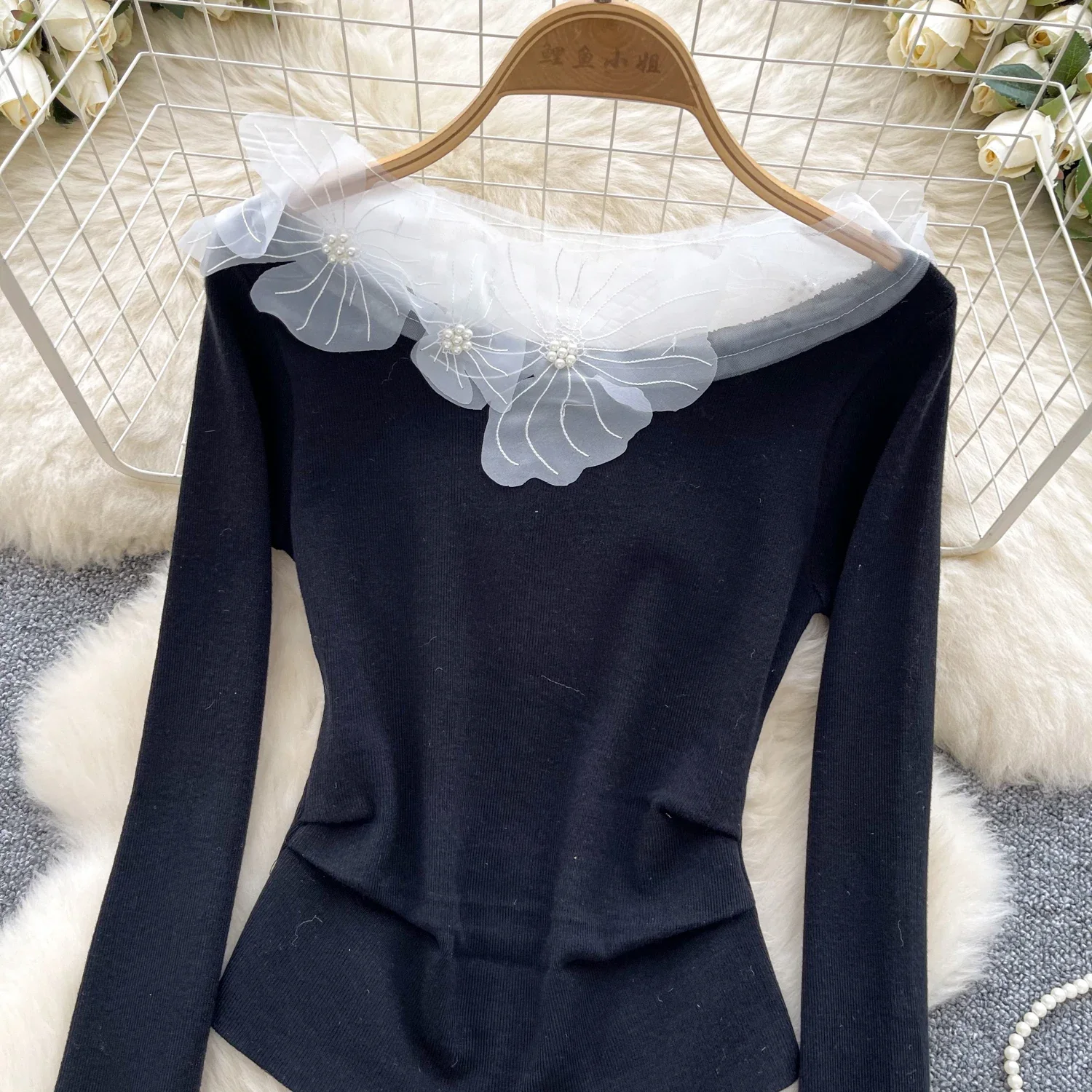 Elegant Three-dimensional Flower Long Sleeve O Neck Blouse Chic Korean Fashion Top Women Slim Slim Shirts