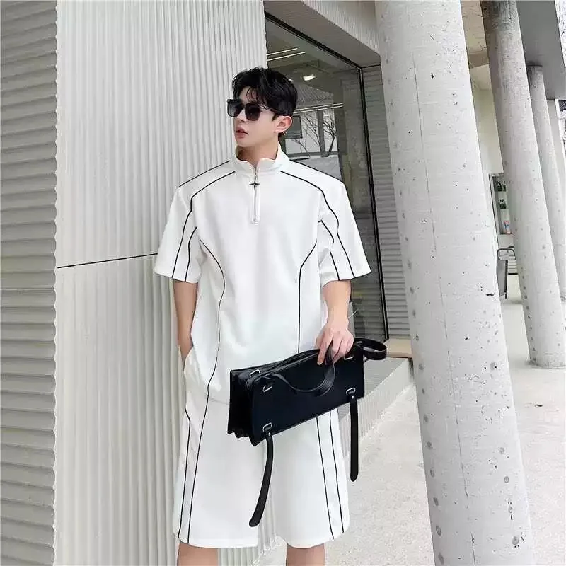 Men Summer Half Zipper Tops Shorts Suit Sets Deconstruction Sport Senior 2pcs Pajamas Setsart Handsome Design Casual Tops Shorts